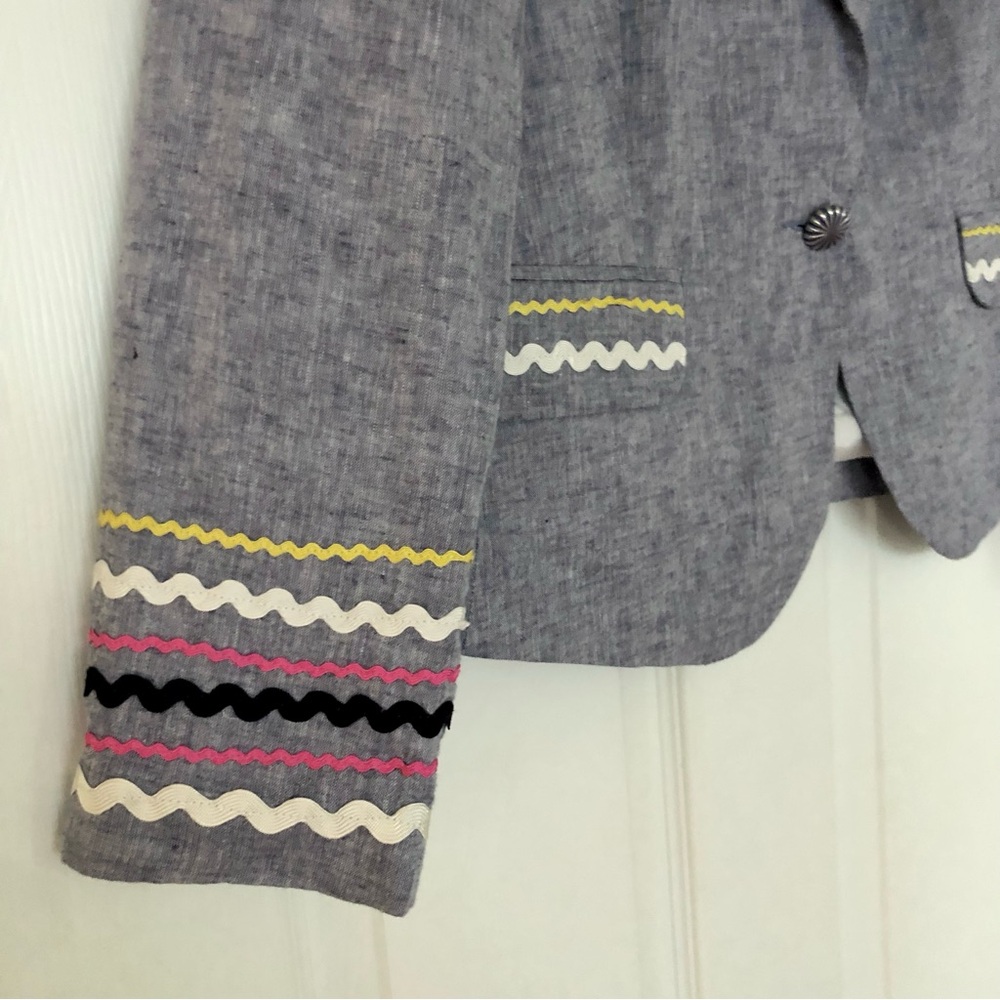 FOR CYNTHIA LINEN BLEND BLAZER SIZE XL BLUE MULTI RIBBON TRIM JACKET - Picture 5 of 12